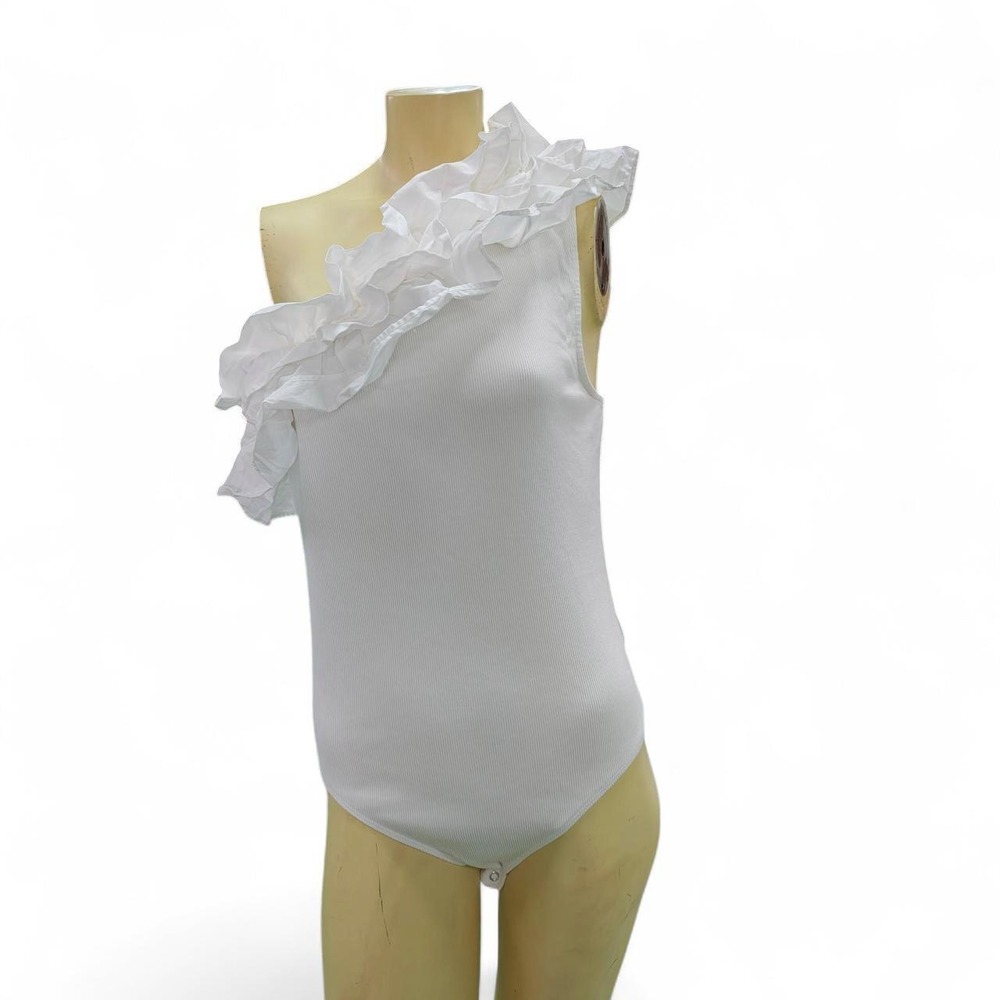 Express Womens White Ruffle One Shoulder Ribbed Bodysuit Top Size L NEW